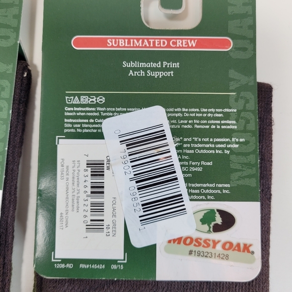 Mossy Oak Sublimated ARCH SUPPORT Foliage Crew Socks 2 pairs Size Men Large 9-12 - Picture 4 of 4